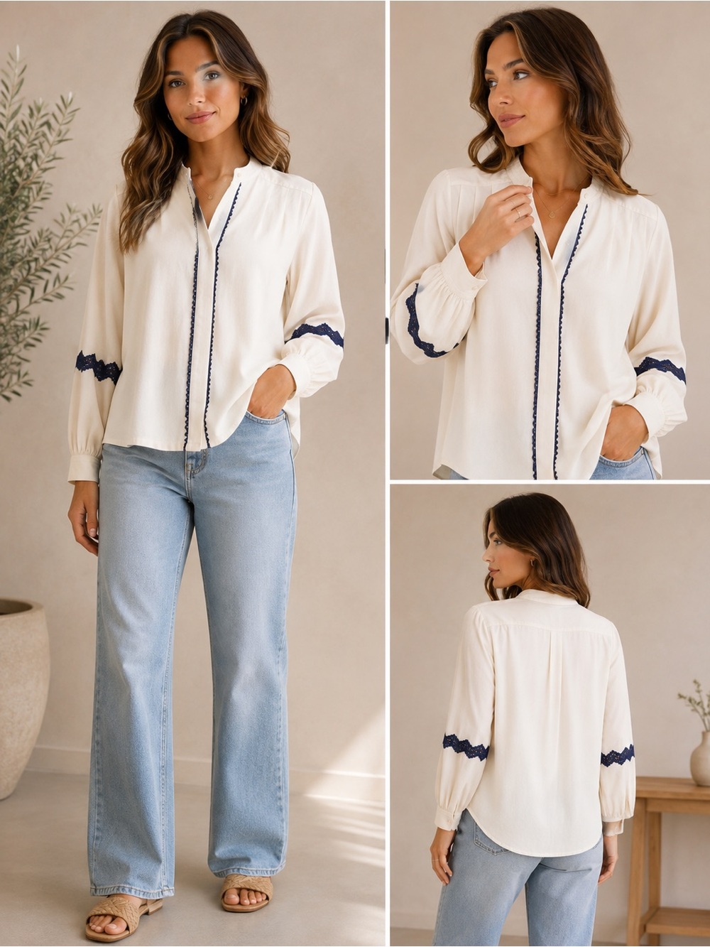 Zara white Blouse with Navy Trim - Women's